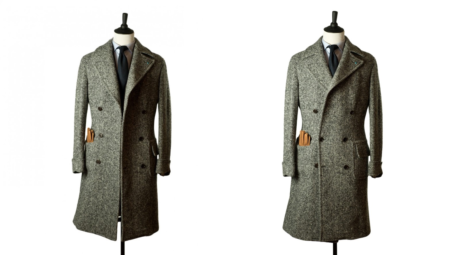 Современное прочтение "ольстера" - массивное двубортное пальто с острыми лацканами и длиной ниже колен. 
