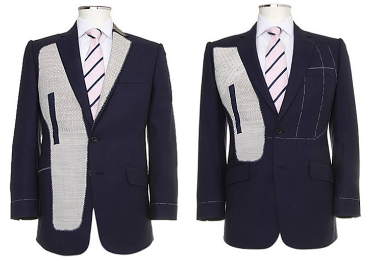 Слева — полностью прошитый вручную пиджак (Fully Canvassed), справа — частично прошитый вручную пиджак (Half Canvassed)